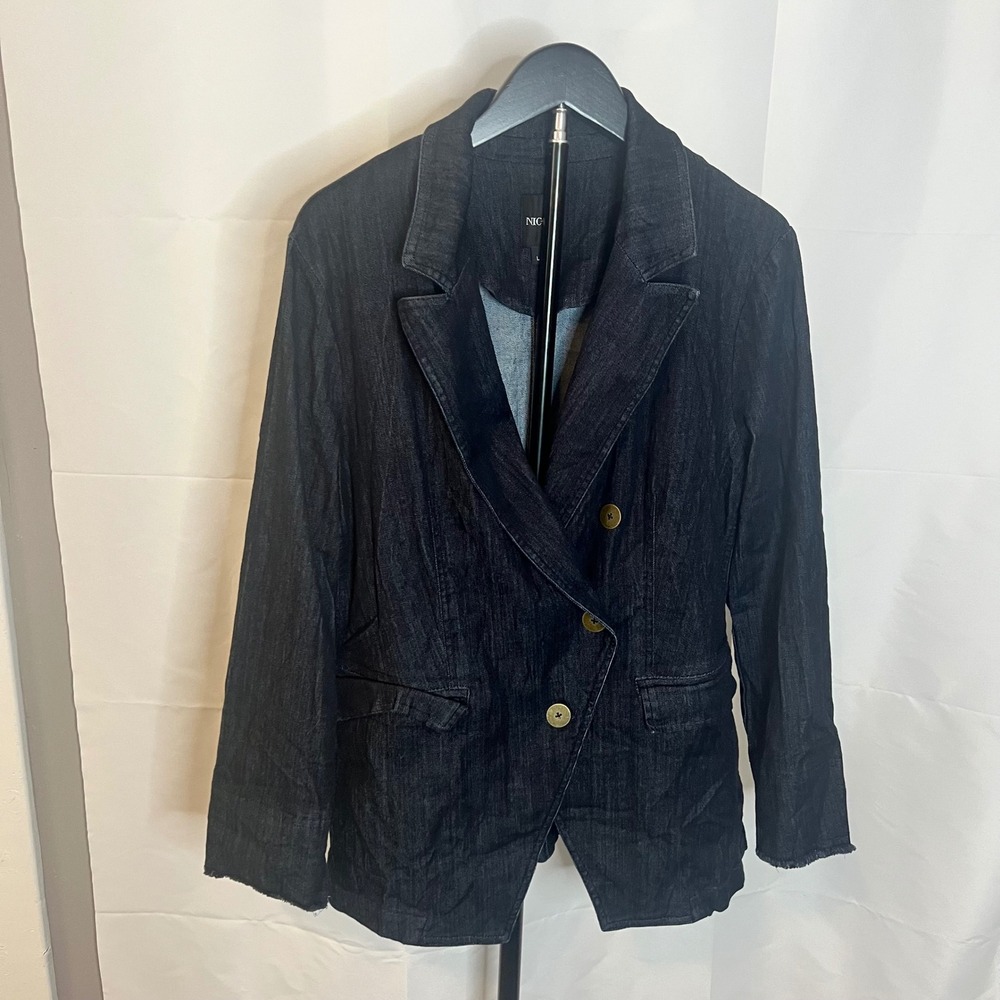 Nic+Zoe Womens Denim Blazer Jacket Dark Wash Indigo Raw Hem Large‎ L